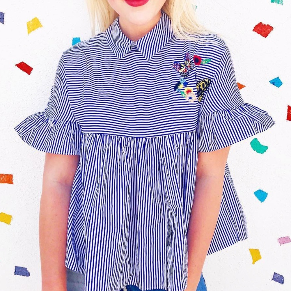 SHEIN blue striped collared top with butterflies